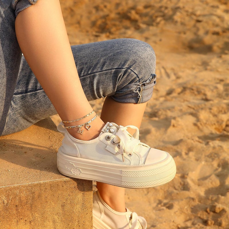 Wremily Initial Ankle Bracelets for Women Waterproof 14K Gold Plated Dainty Layered Figaro Chain Letter Initial CZ Heart Ankle Bracelets Set Summer Beach Jewelry for Women - Image 5